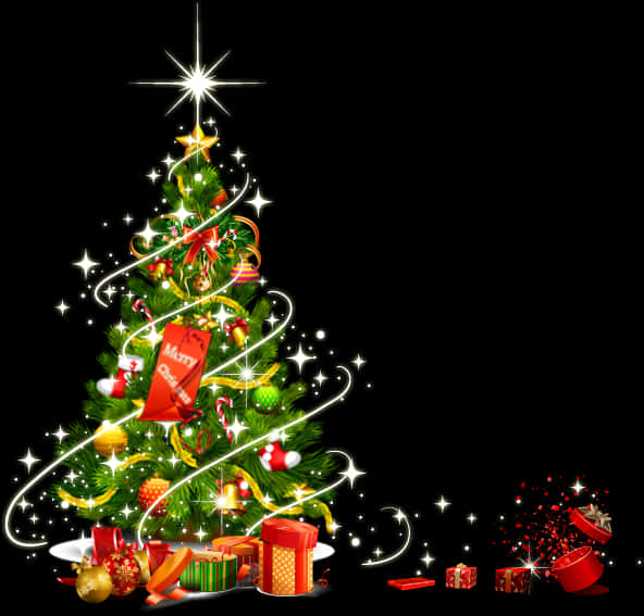 A Christmas Tree With Presents And Lights PNG