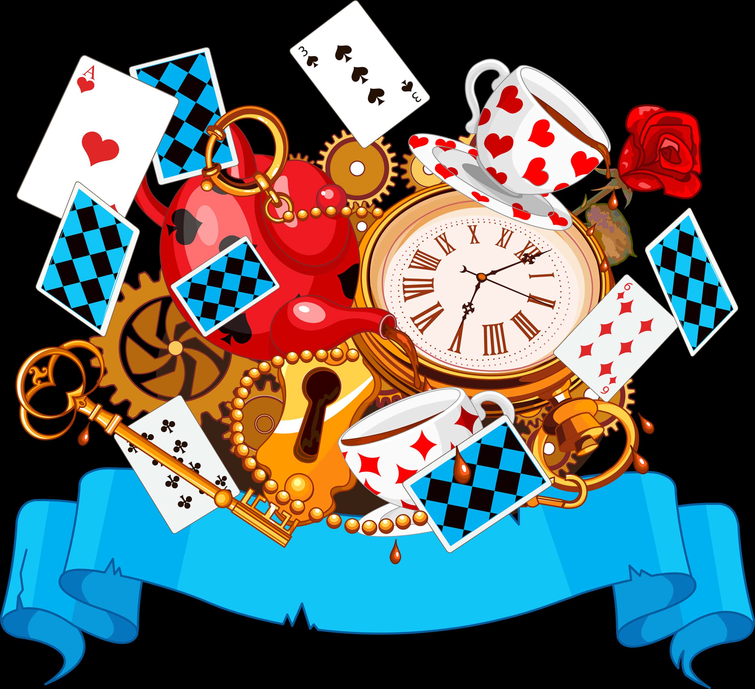A Clock And Teapots With Cards And Keys PNG