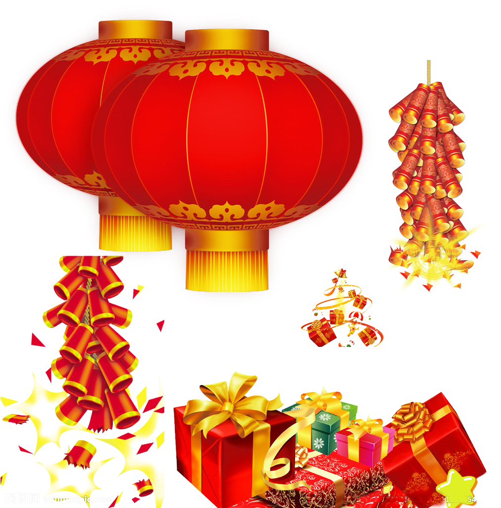 A Collage Of Red Lanterns And Presents PNG