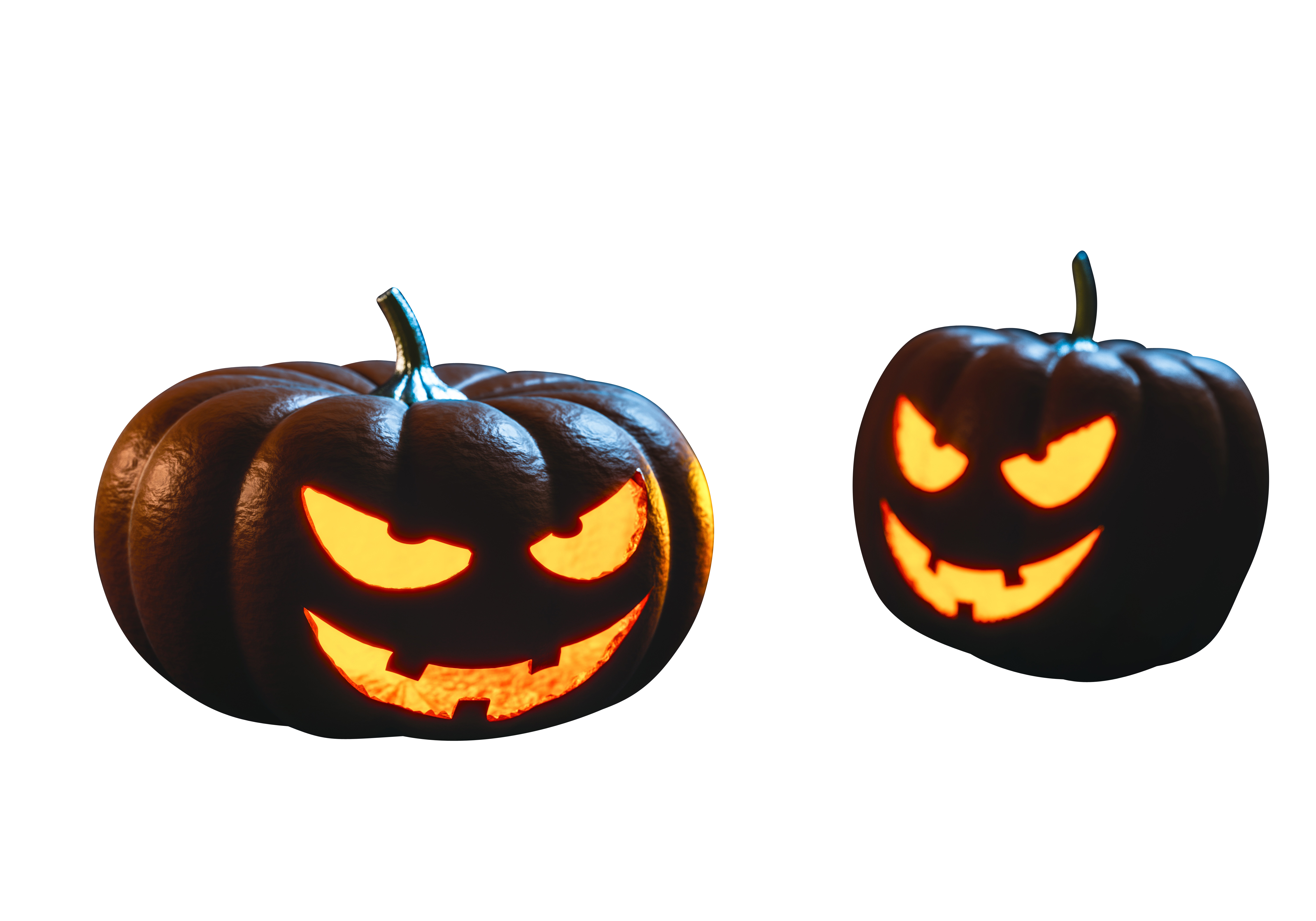 A Couple Of Carved Pumpkins With Glowing Faces PNG