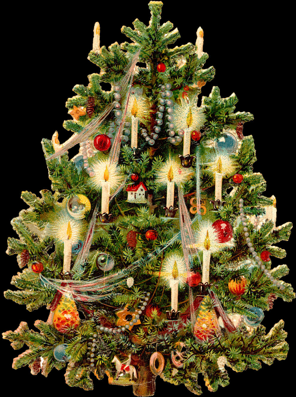 A Decorated Christmas Tree With Candles And Ornaments PNG