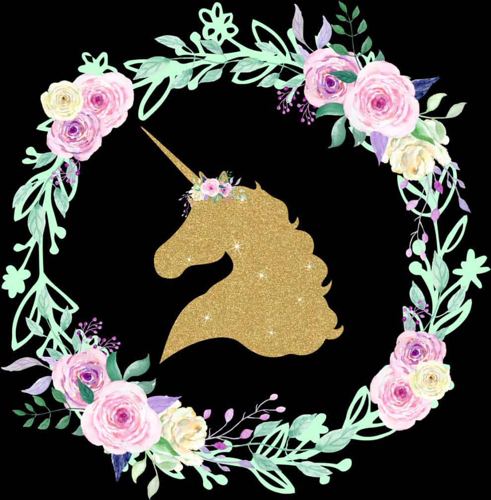 A Gold Unicorn With A Horn And Flowers In A Wreath PNG