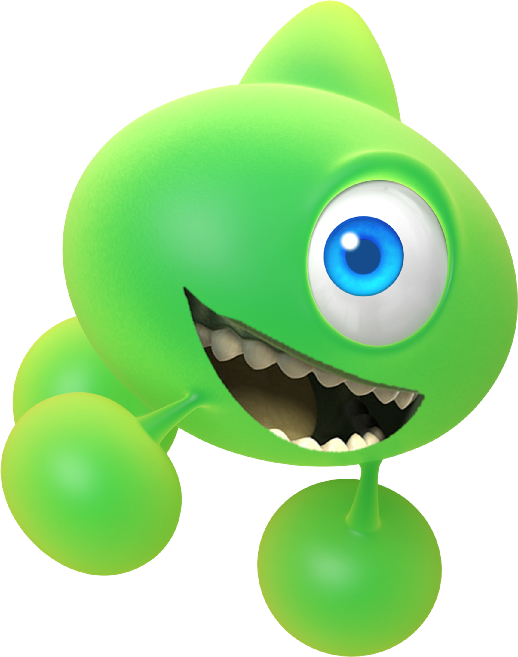 A Green Cartoon Character With A Blue Eye And Mouth