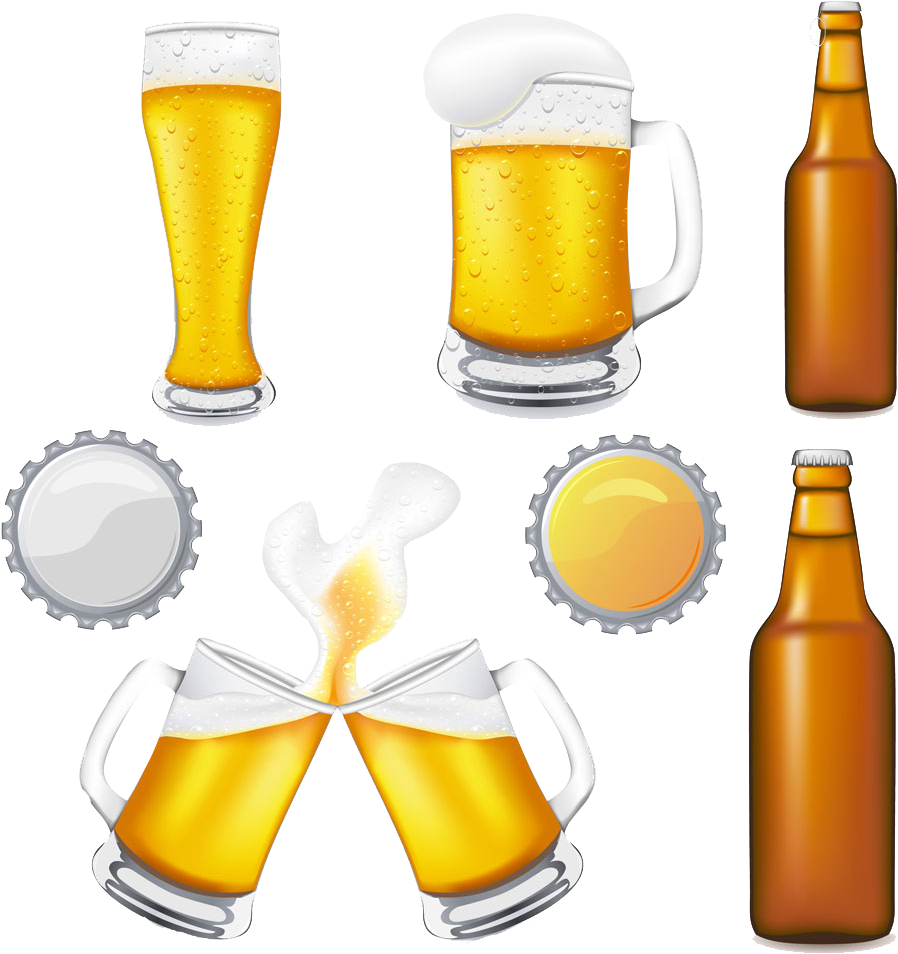 A Group Of Beer Glasses And Bottle Caps PNG
