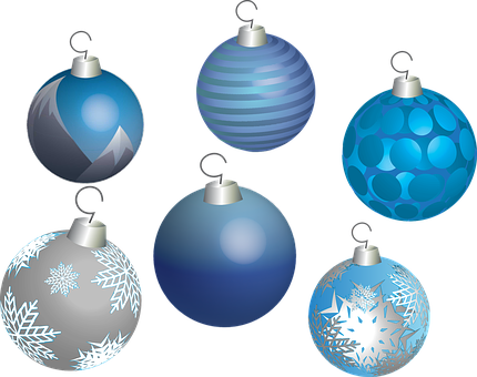 A Group Of Blue And Silver Ornaments PNG