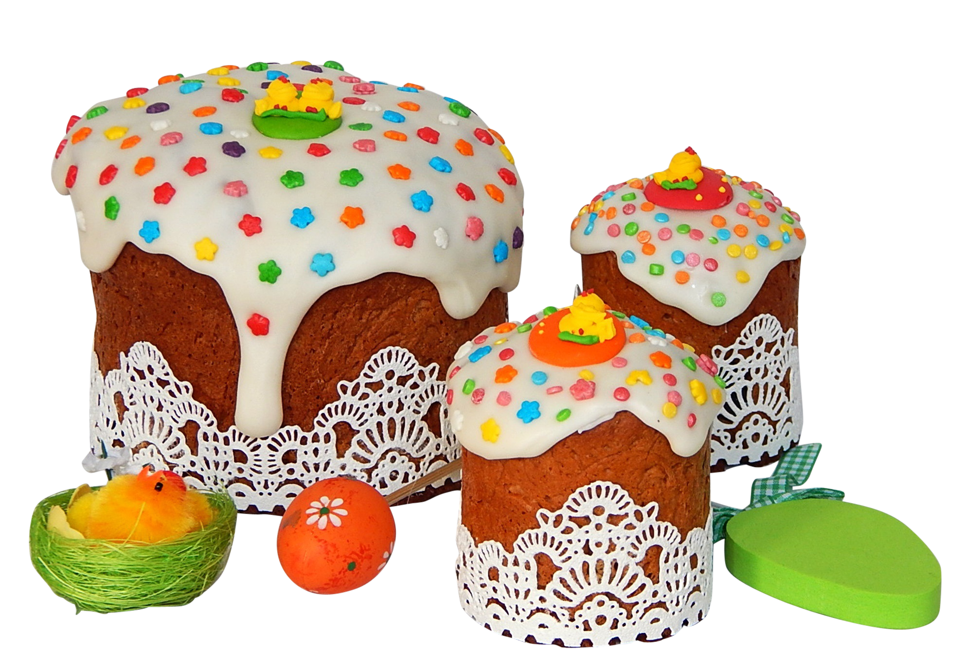 A Group Of Cakes With White Frosting And Colorful Eggs