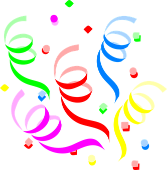 A Group Of Colorful Ribbons And Confetti PNG