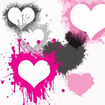 A Group Of White Hearts With Black And Pink Paint Splatters