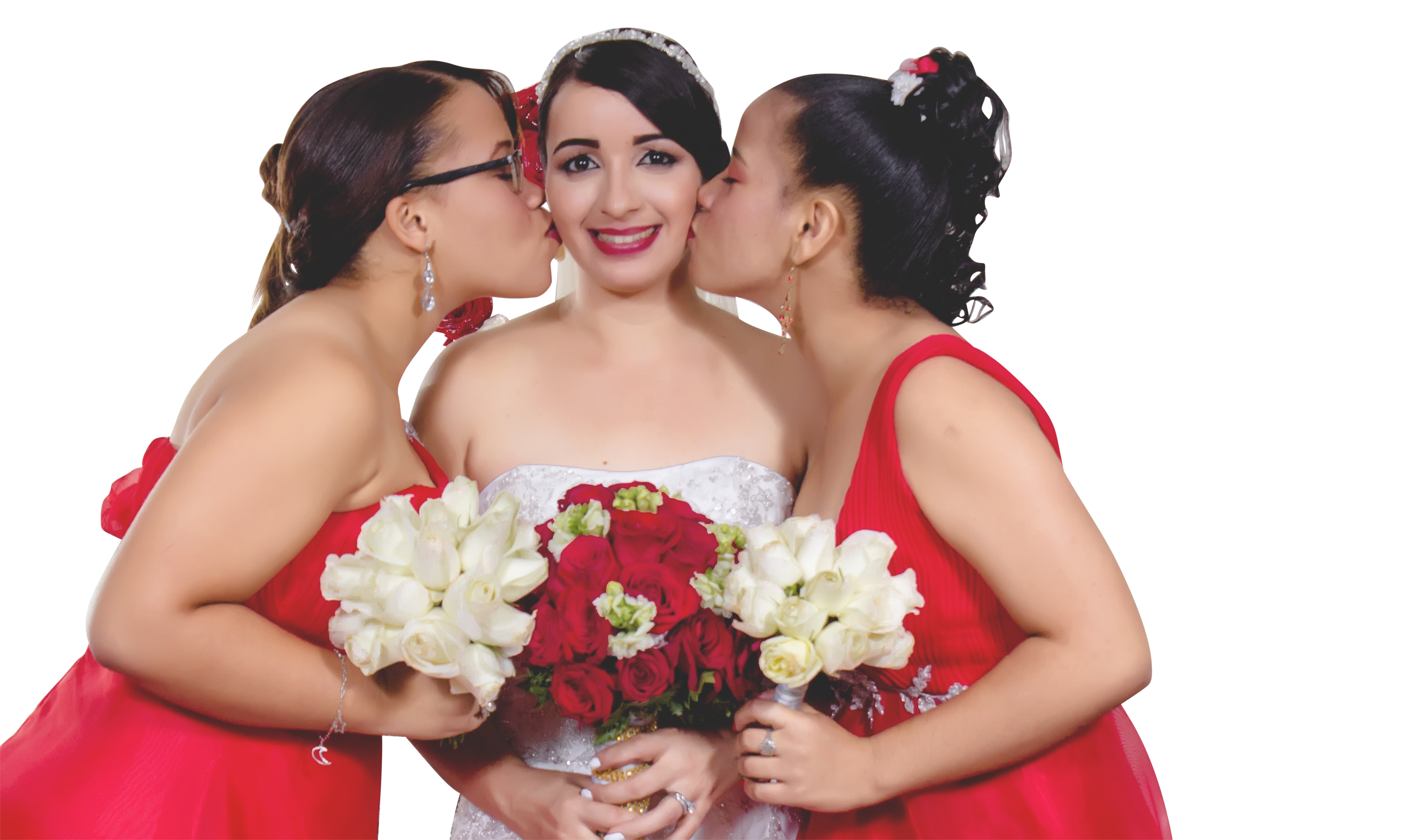 A Group Of Women Kissing A Bridesmaid's Cheek