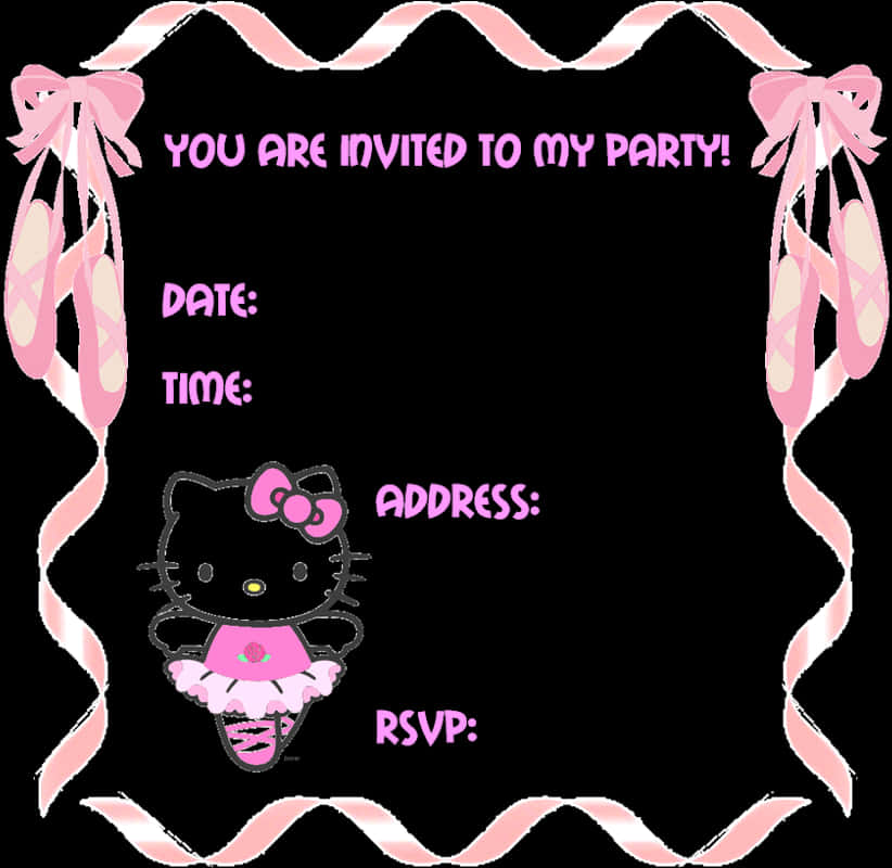 A Hello Kitty Invitation With Pink Ribbons And Bows PNG