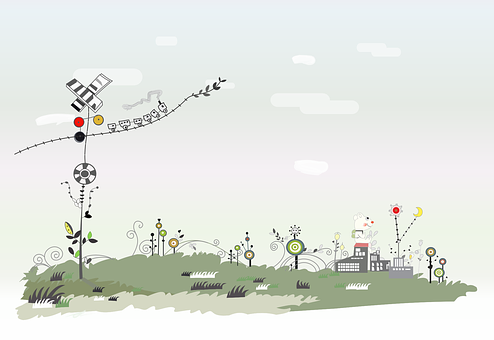 A Landscape With A Windmill And Buildings PNG