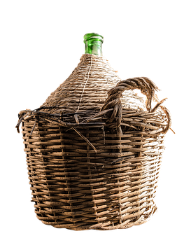 A Large Woven Basket With A Green Bottle PNG