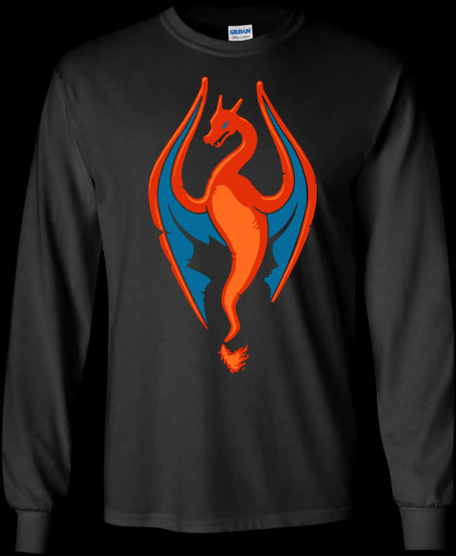 A Long Sleeved Black Shirt With A Red Dragon On It PNG