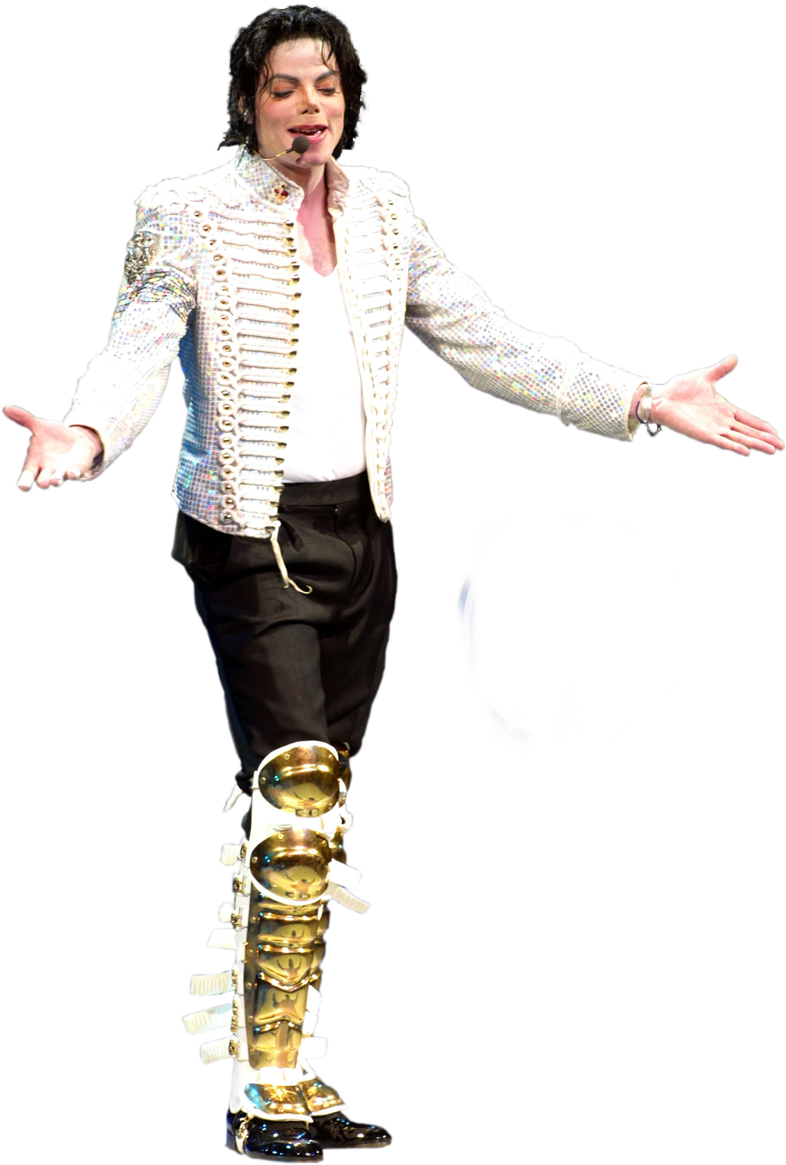 A Man In A White Jacket And Black Pants With Gold Knee Pads PNG