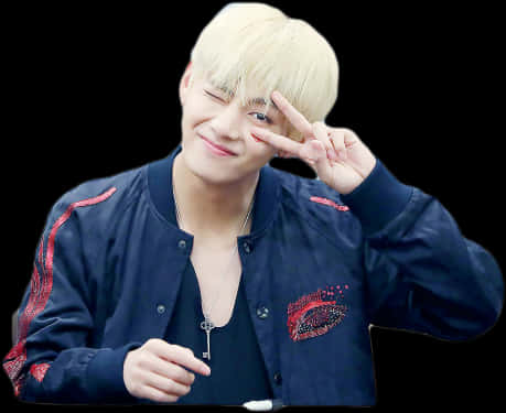 A Man With Blonde Hair And A Blue Jacket With A Peace Sign PNG