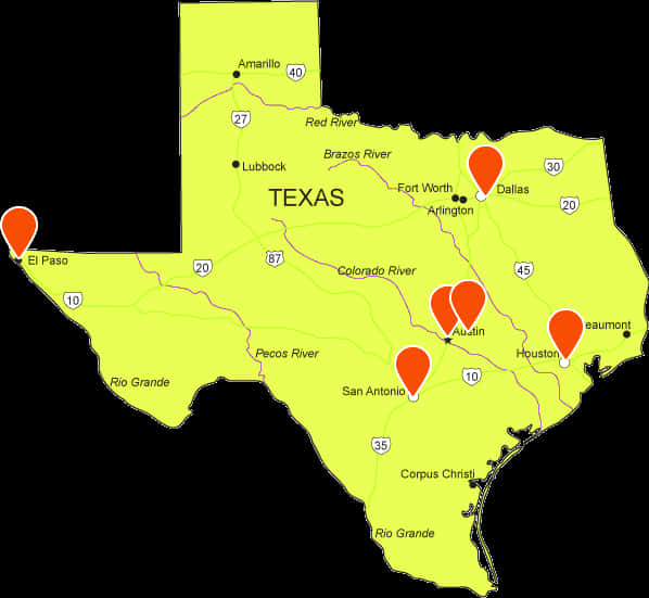 A Map Of Texas With Orange Pins PNG