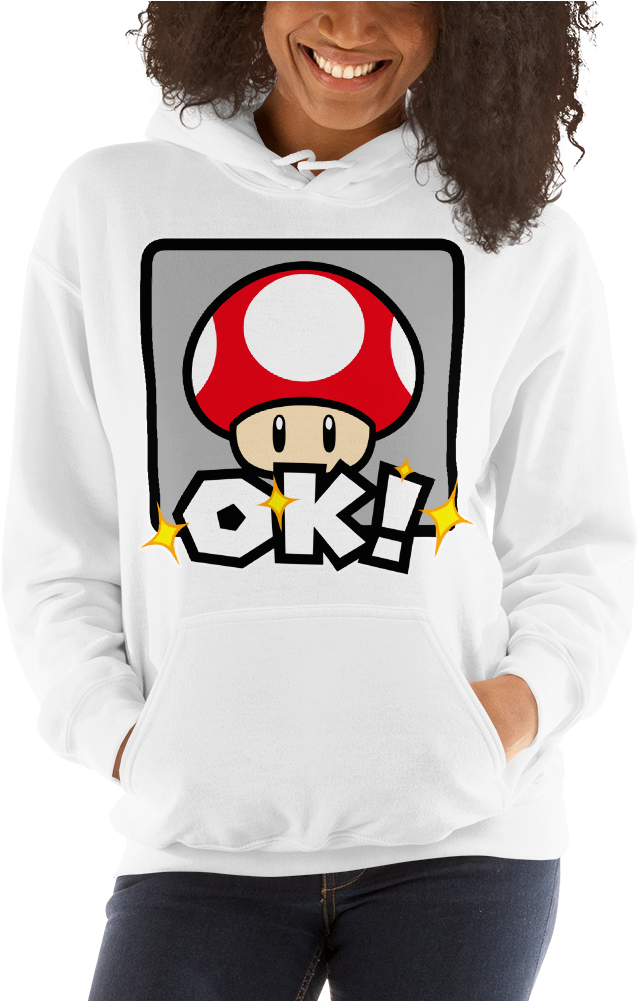 A Person Wearing A White Hoodie With A Cartoon Mushroom On It