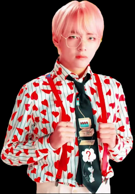 A Person With Pink Hair Wearing A Tie And Suspenders PNG