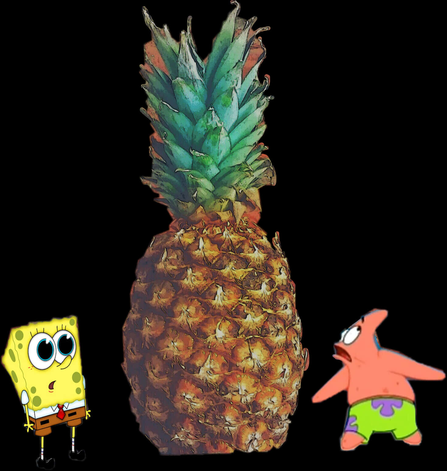 A Pineapple With A Cartoon Character And A Man PNG