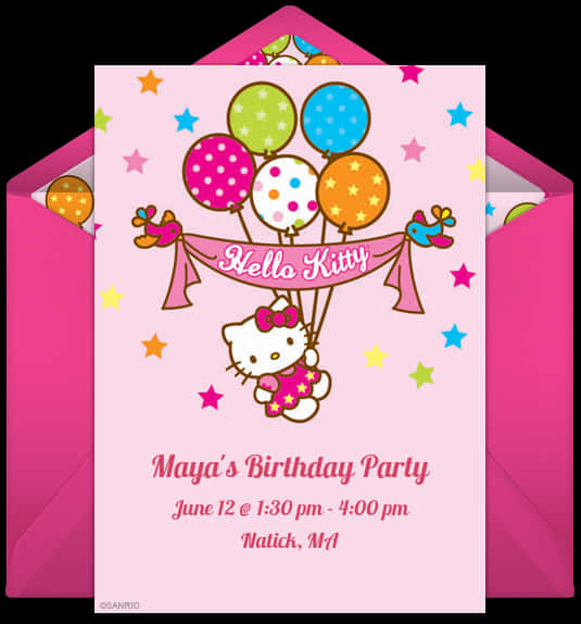 A Pink Envelope With A Cartoon Character And Balloons PNG