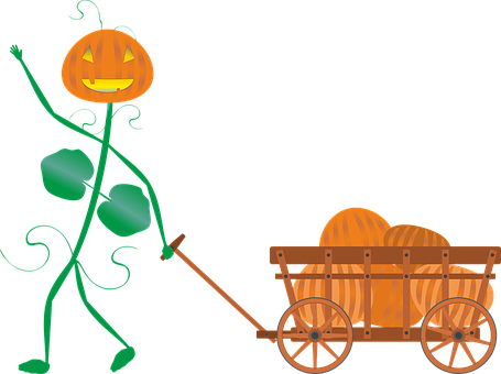A Pumpkin Character Pulling A Cart Of Pumpkins