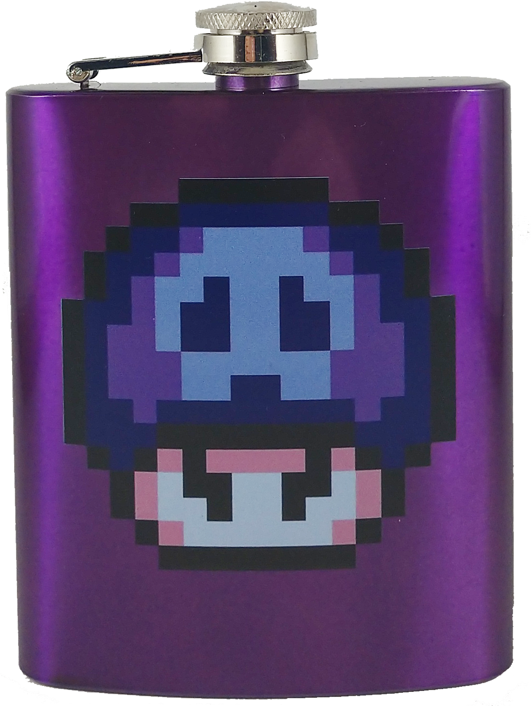 A Purple Flask With A Cartoon Mushroom On It