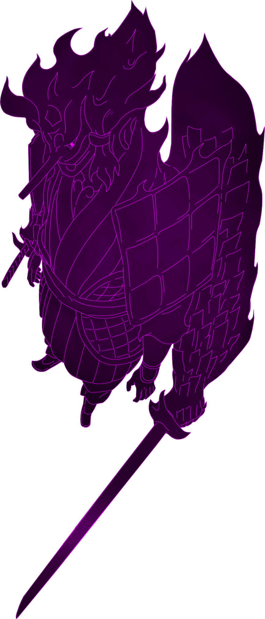 A Purple Outline Of A Person With Swords PNG