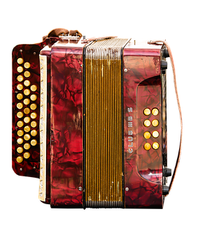 A Red Accordion With Gold Buttons PNG