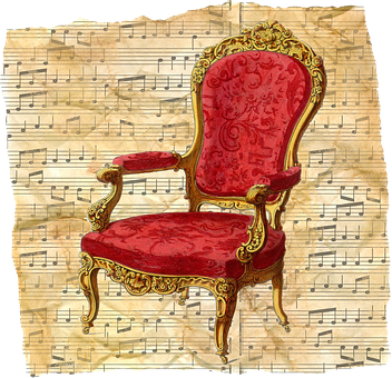 A Red And Gold Chair With Musical Notes PNG