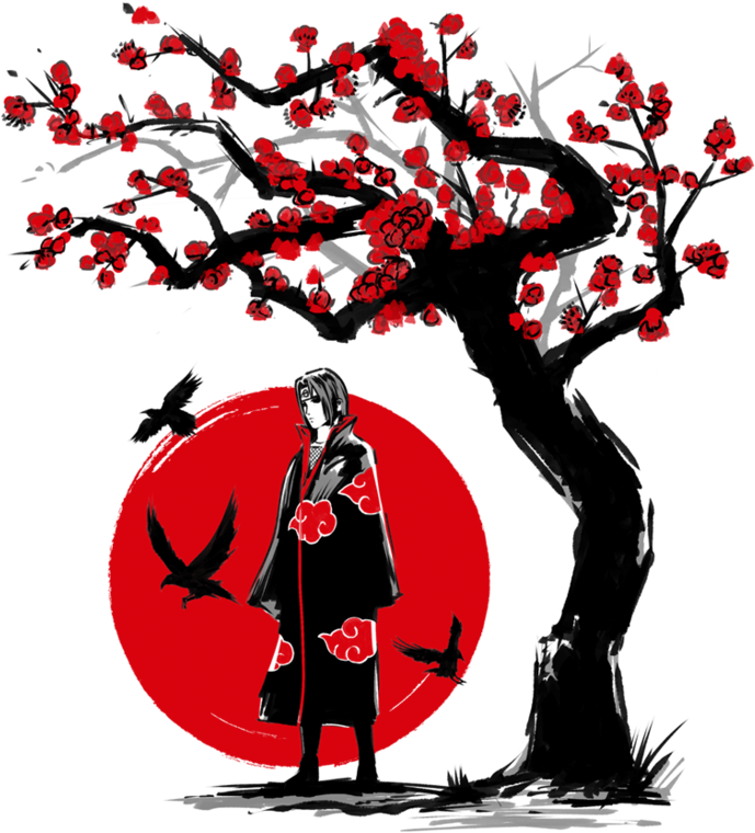 A Red Circle With Birds Flying Over A Person In A Kimono PNG