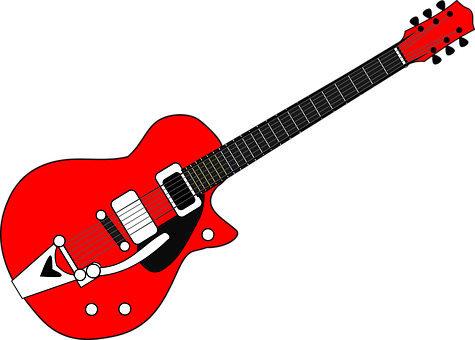 A Red Guitar With A Black Background PNG