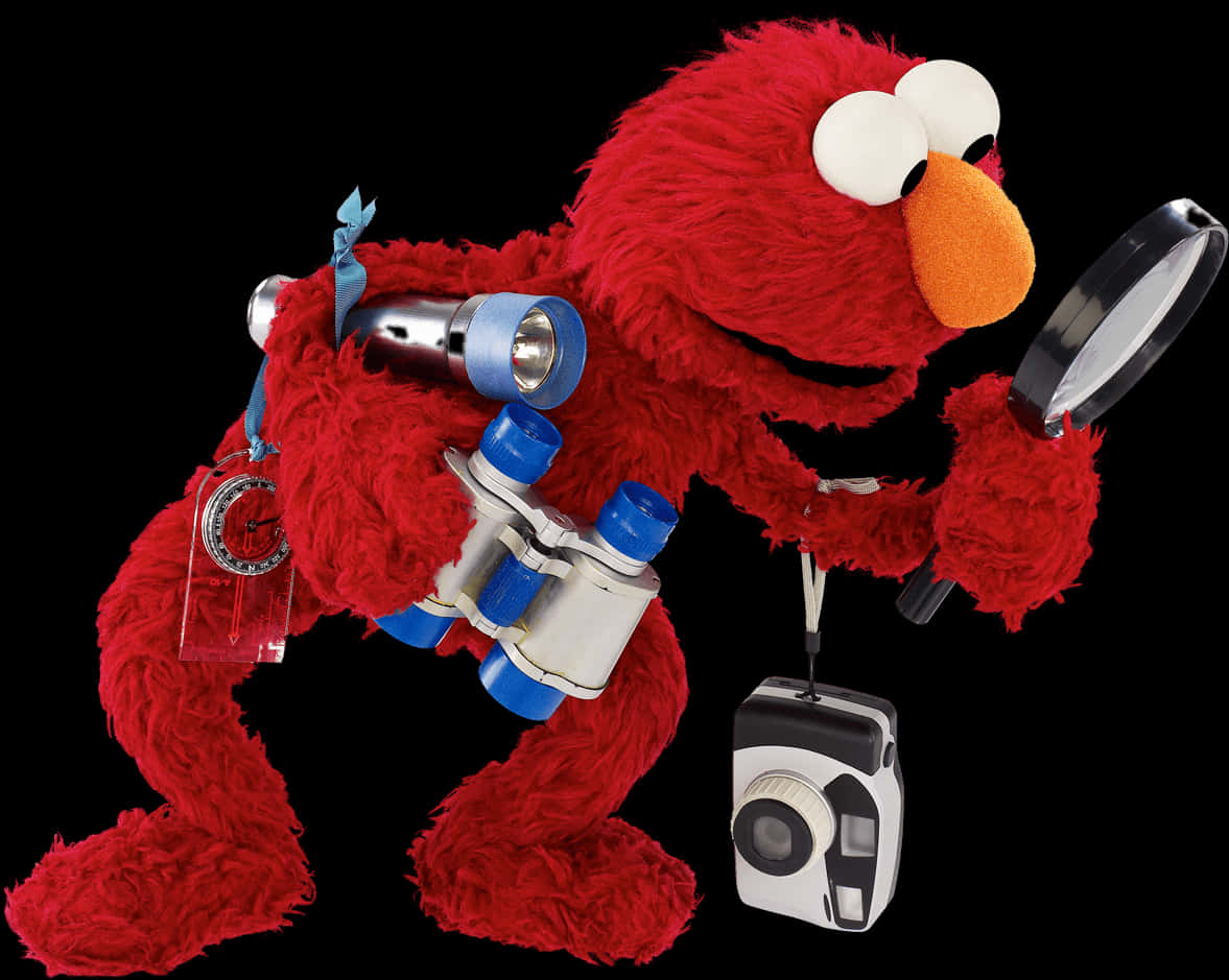 A Red Puppet Holding A Magnifying Glass And Binoculars PNG
