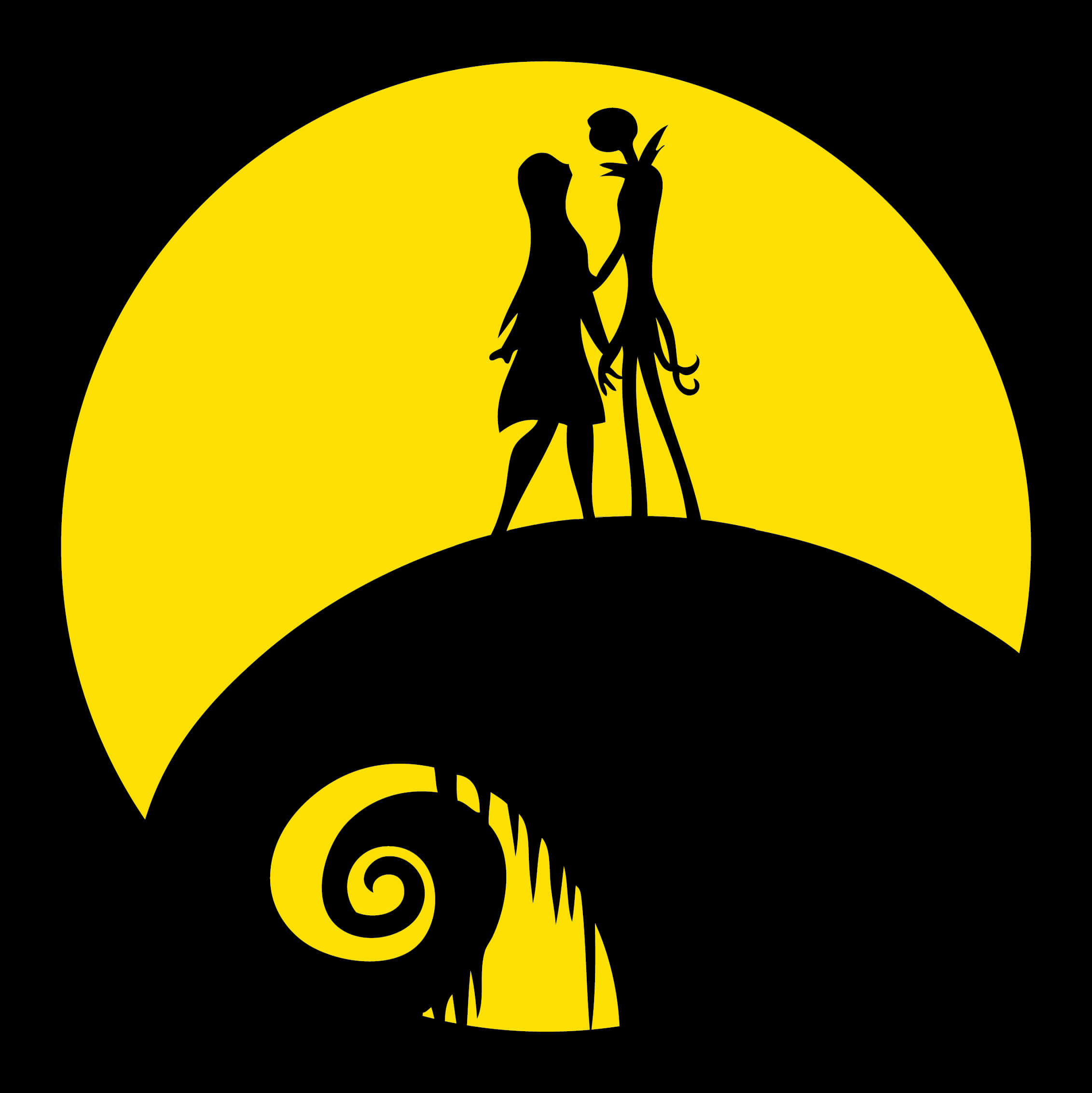 A Silhouette Of A Couple On A Hill With A Yellow Moon PNG