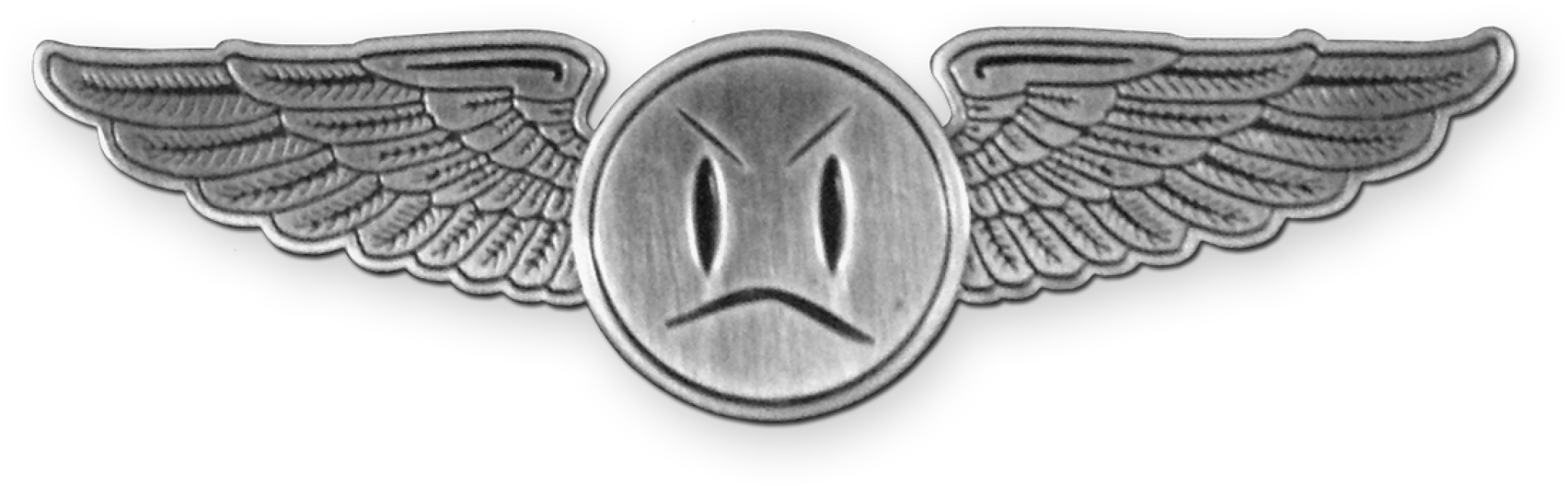A Silver Circle With A Face And Wings PNG