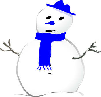 A Snowman With A Blue Scarf And Hat PNG