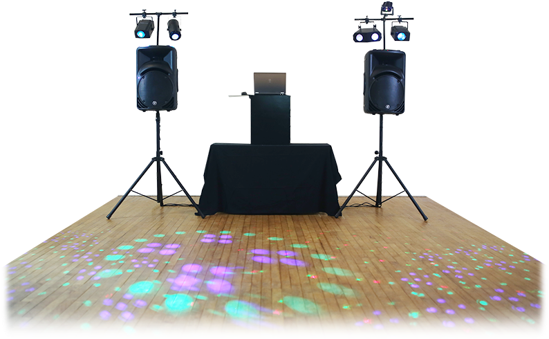 A Stage With Speakers And A Laptop On It PNG