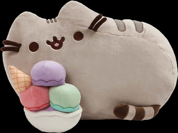 A Stuffed Animal Cat And Ice Cream PNG