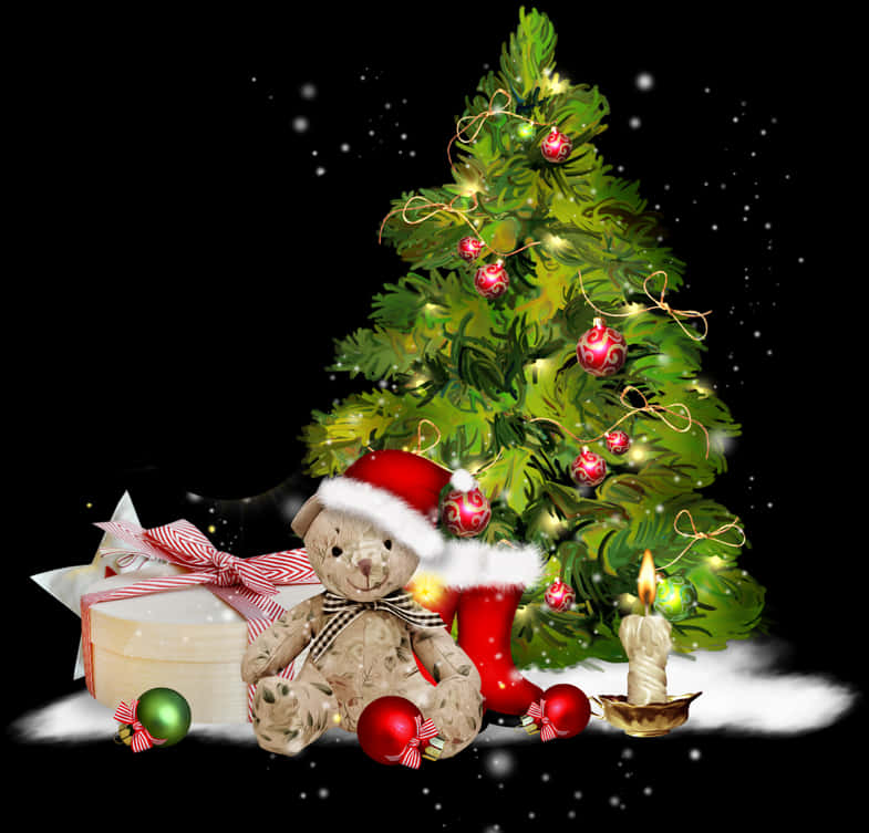 A Teddy Bear And A Christmas Tree PNG