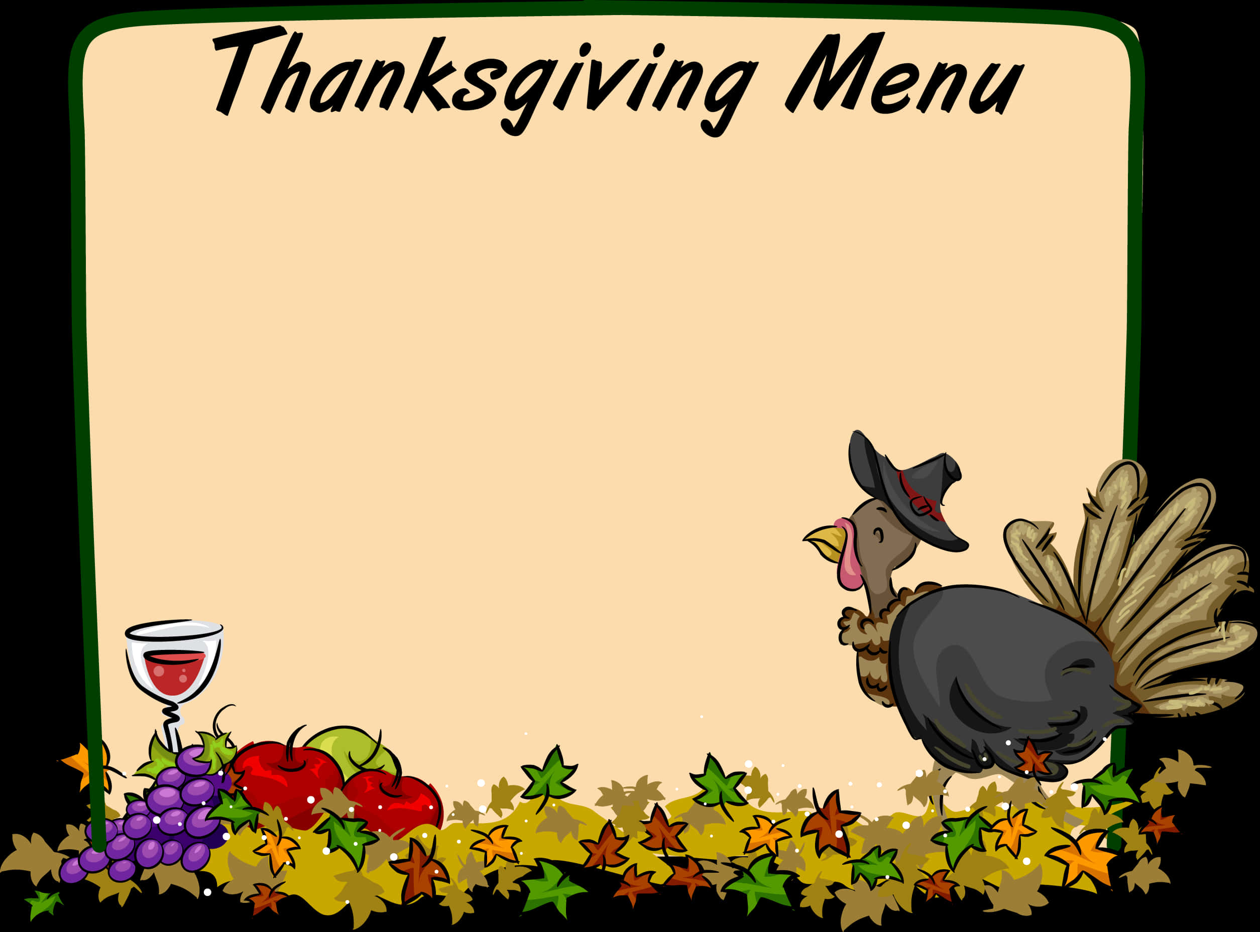 A Thanksgiving Menu With A Turkey And Fruit PNG