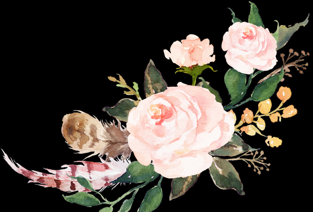 A Watercolor Painting Of Flowers And Feathers PNG