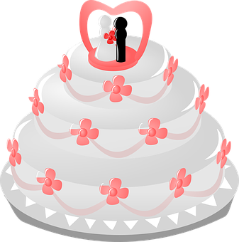 A White Cake With Pink Flowers And A Couple Of Figures On Top PNG