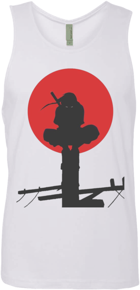 A White T-shirt With A Black Silhouette Of A Ninja On A Red Circle