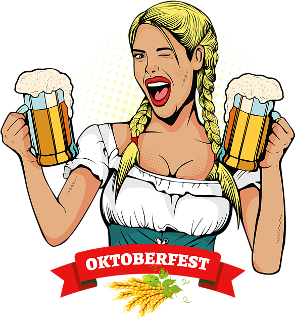 A Woman Holding Two Mugs Of Beer PNG
