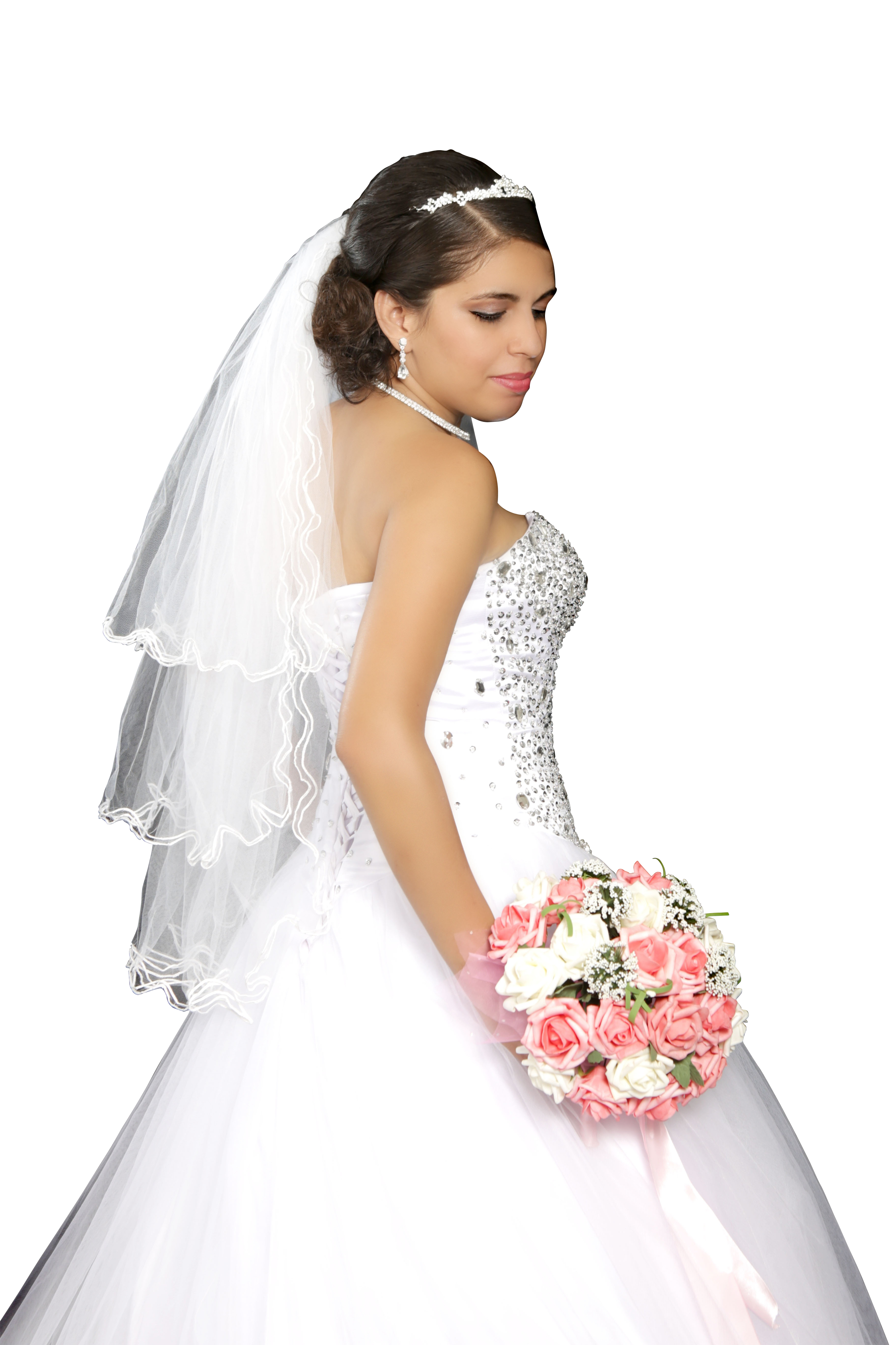 A Woman In A Wedding Dress Holding A Bouquet PNG