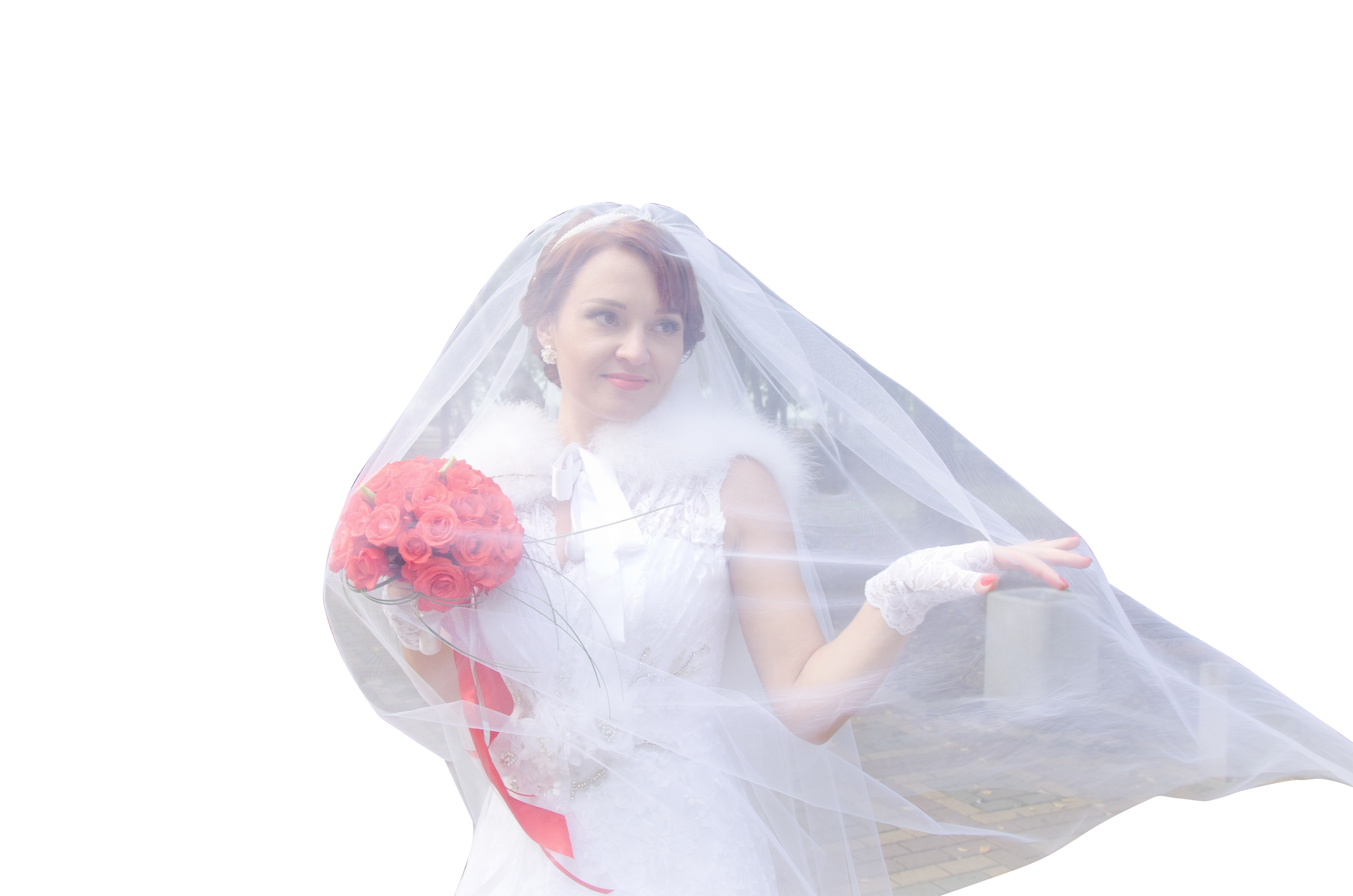 A Woman In A White Dress With A Bouquet Of Flowers PNG