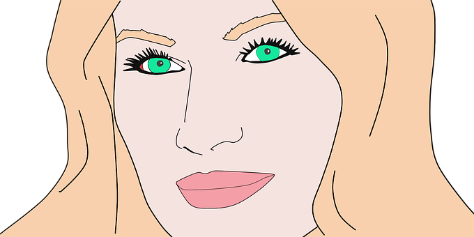 A Woman's Face With Green Eyes And Pink Lips PNG