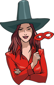 A Woman Wearing A Hat And Holding A Mask PNG