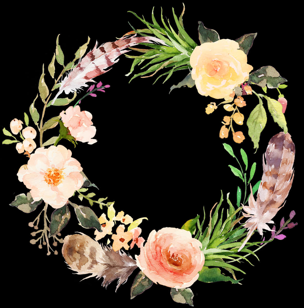 A Wreath Of Flowers And Feathers PNG