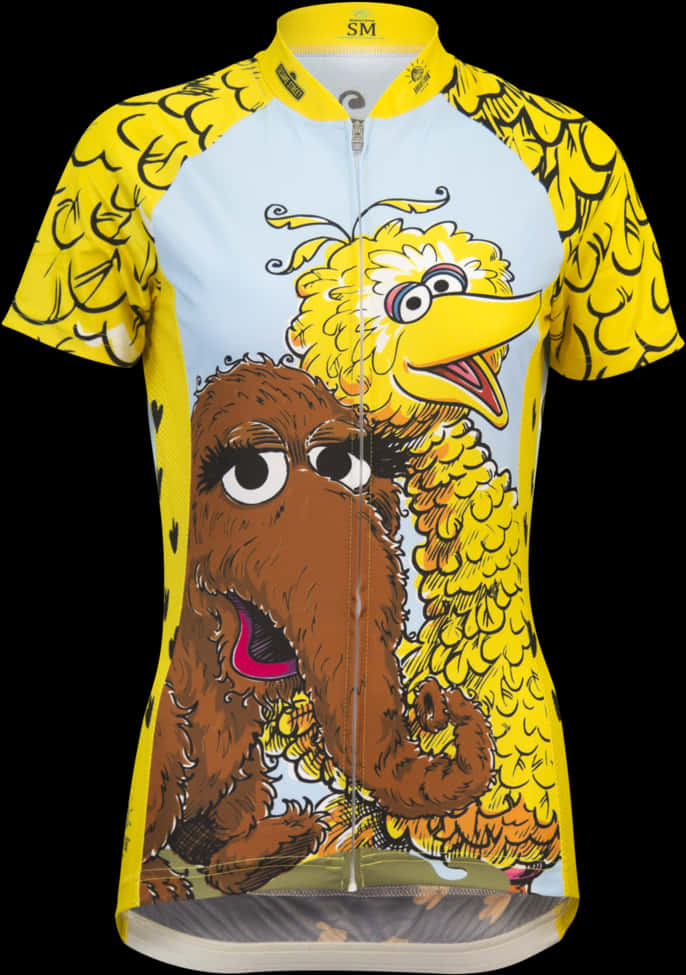 A Yellow And Blue Shirt With Cartoon Characters On It PNG