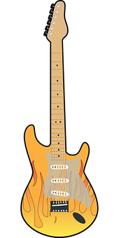 A Yellow Electric Guitar With Flames On It PNG